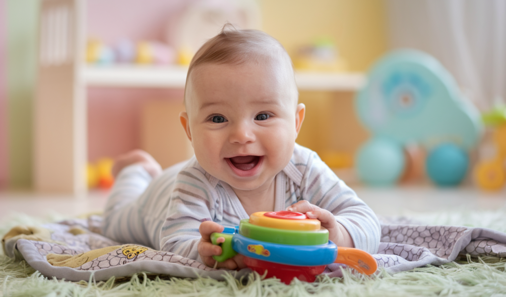 bebe-souriant-jouet-coloré-chambre-pastel