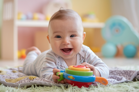 bebe-souriant-jouet-coloré-chambre-pastel