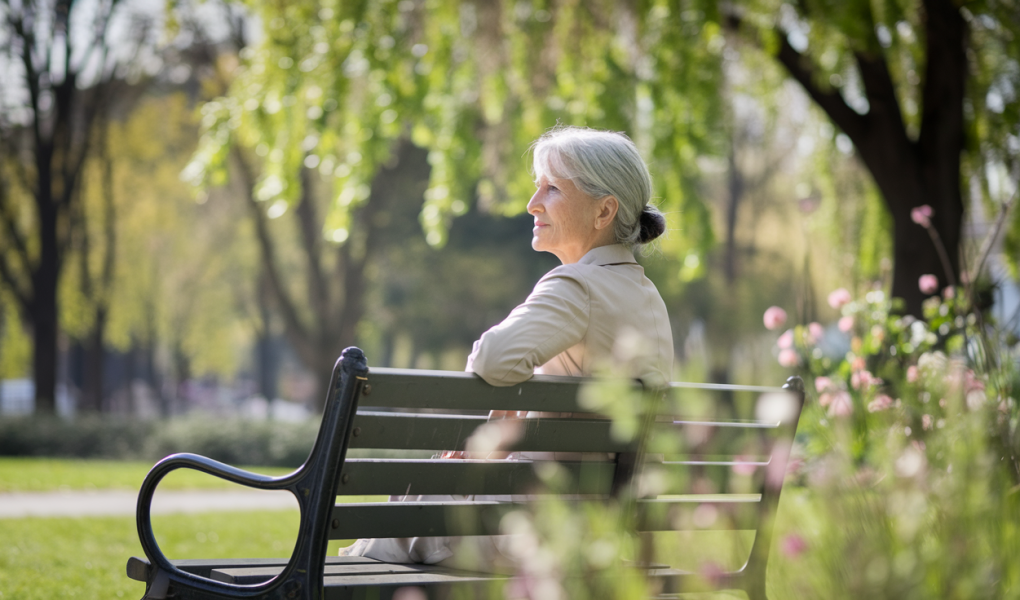 femme-parc-soleil-arbres-fleuris
