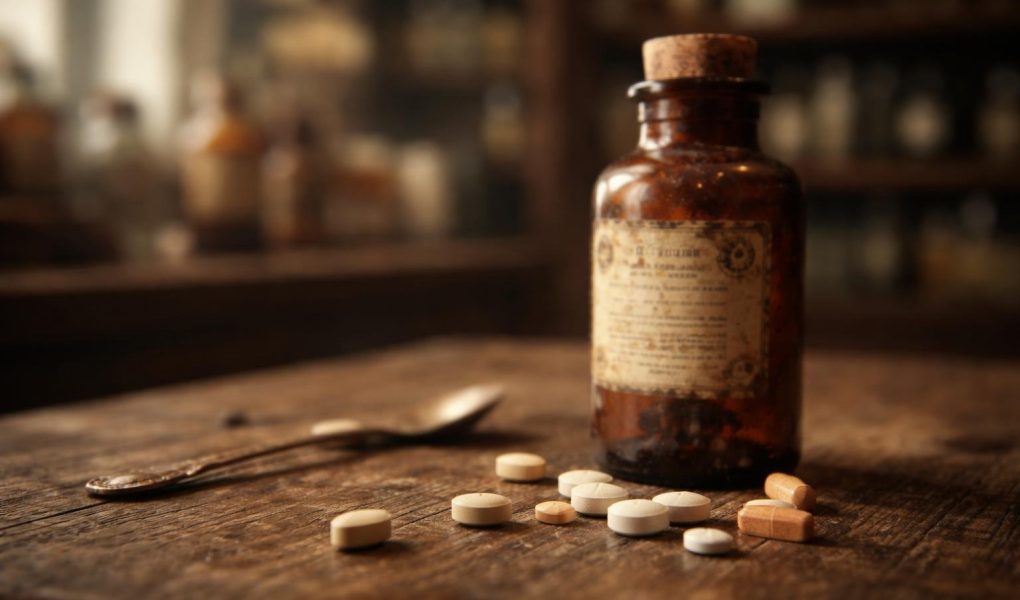 flacon-medicament-ancien-table-bois