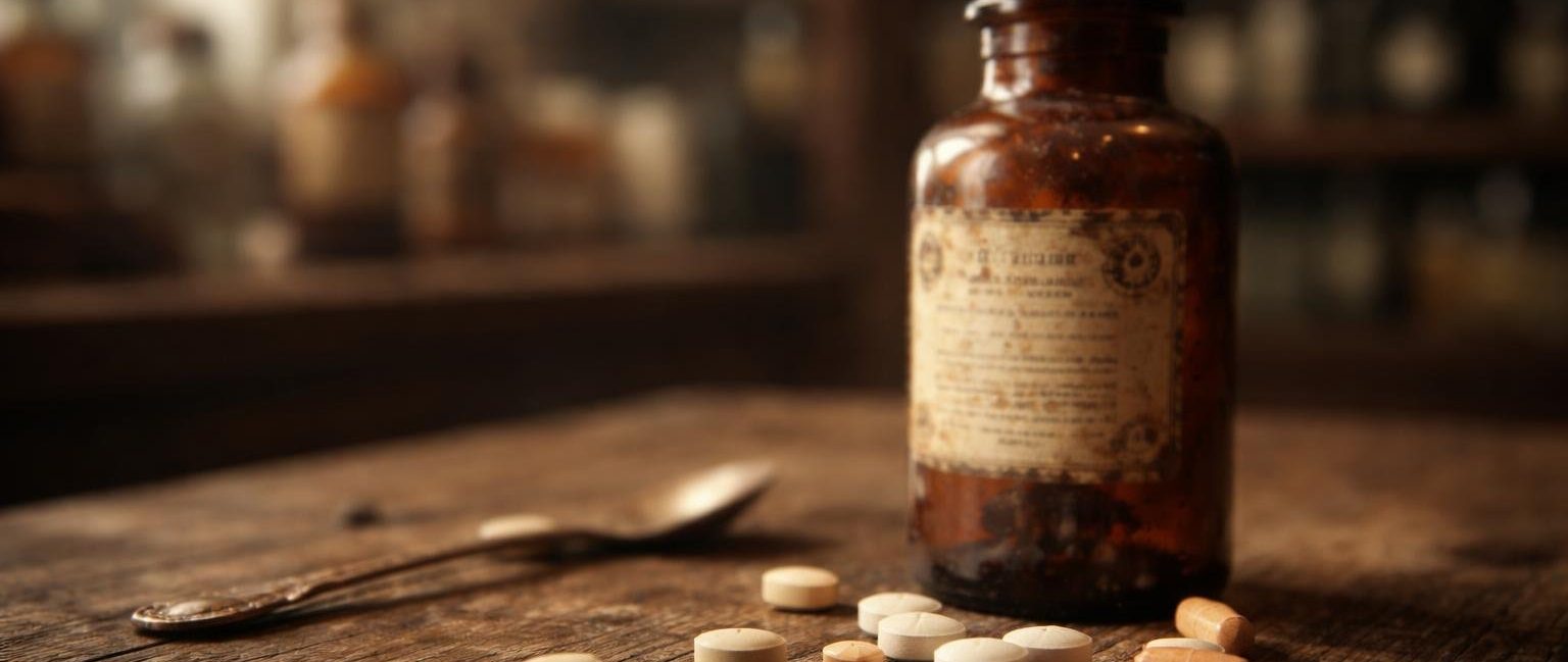 flacon-medicament-ancien-table-bois