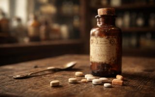 flacon-medicament-ancien-table-bois