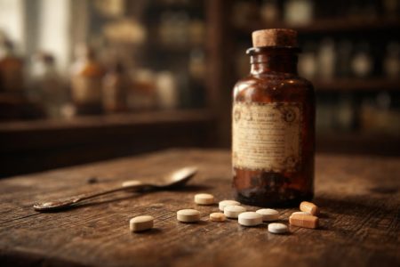 flacon-medicament-ancien-table-bois