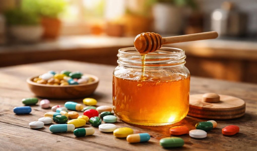 pot-miel-pilules-table-bois