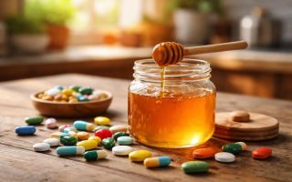 pot-miel-pilules-table-bois
