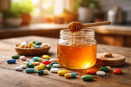 pot-miel-pilules-table-bois