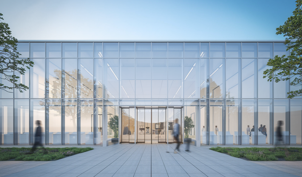 laboratoire-moderne-vitres-personnes-ciel-clair