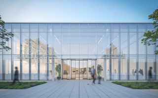 laboratoire-moderne-vitres-personnes-ciel-clair