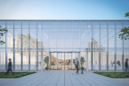 laboratoire-moderne-vitres-personnes-ciel-clair